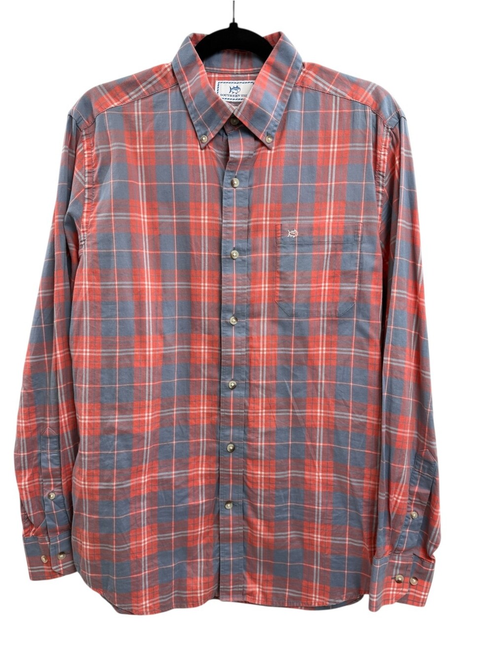 Mens Southern Tide Trim Fit Cotton Shirt Coral Pink Blue Plaid Size M